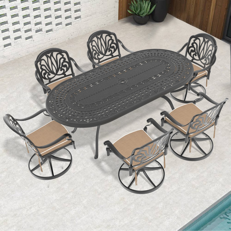 Ensemble de salle à manger 7 pièces en fonte d'aluminium toutes saisons, comprenant 6 chaises pivotantes et une table ovale avec cadre