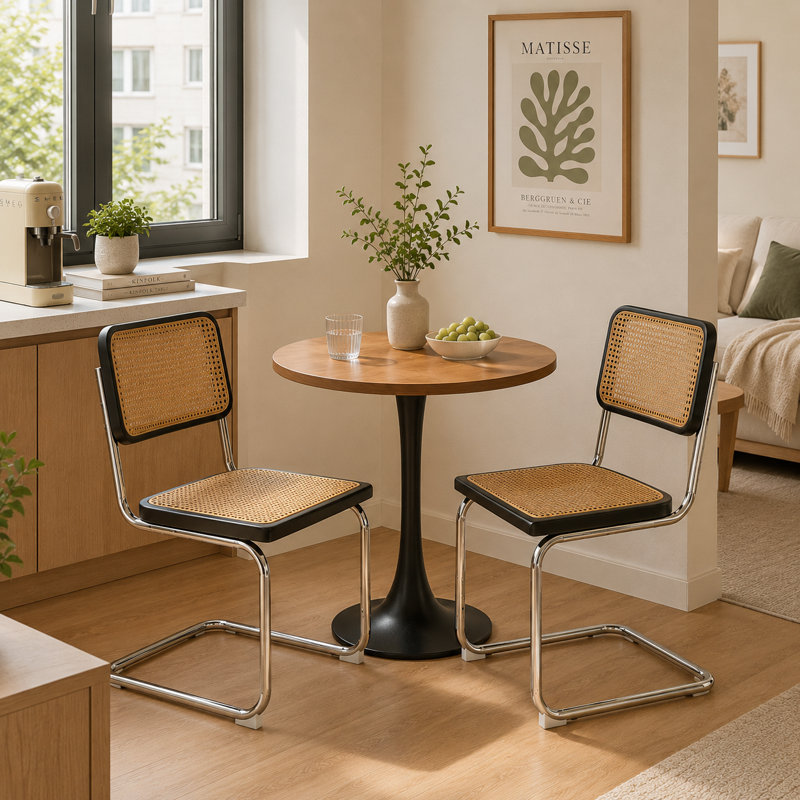 19.3" H Mid-century Modern Cantilever Dining Chair With Cane Back And Seat, Metal Frame(set Of 4), Black