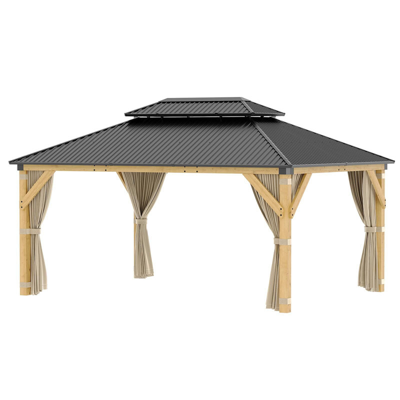 12 x 16 Ft Wood Gazebo, Upgrade Wooden Frame, Double Galvanized Steel Roof, Hardtop Gazebo with Nettings and Curtains for Backyard, Patio, Garden and Lawn, Khaki