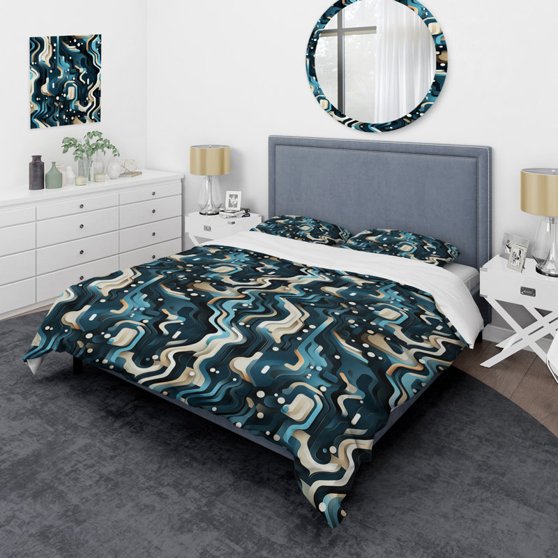 Literie matricielle bleu sarcelle et blanche, Housse de couette pour très grand lit et 2 très