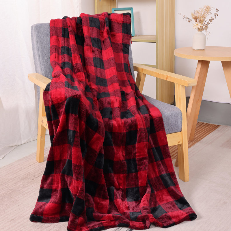 Couverture chauffante électrique en flanelle avec 4 niveaux de chauffage, Plaids, Carreaux, Rouge / noir