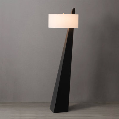 Lampe sur pied en chêne noir de qualité supérieure de 63 po Obelisk, finition en chêne noir, nickel satiné, abat-jour en coton et lin blanc, compatible avec les DEL écoénergétiques