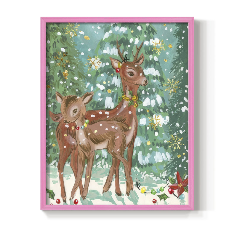 «Doe and Fawn II», reproduction encadrée - bois massif, H 30 po x l 24 po, Encadré rose