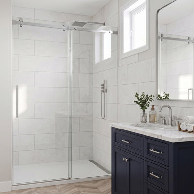 74"-79" W x 76" H Frameless Single Sliding Shower Door, 3/8" (10mm) Tempered Glass with Shatter-Resistant Film, Quiet Stainless Steel Rollers, Square Tube Hardware