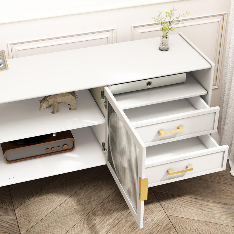 Meuble télé 60 po Modern Farmhouse pour téléviseur de 70 po ou moins, console média en verre cannelé avec 2 tiroirs et rangement ouvert, centre de divertissement avec pieds en métal doré pour le salon et la chambre à coucher