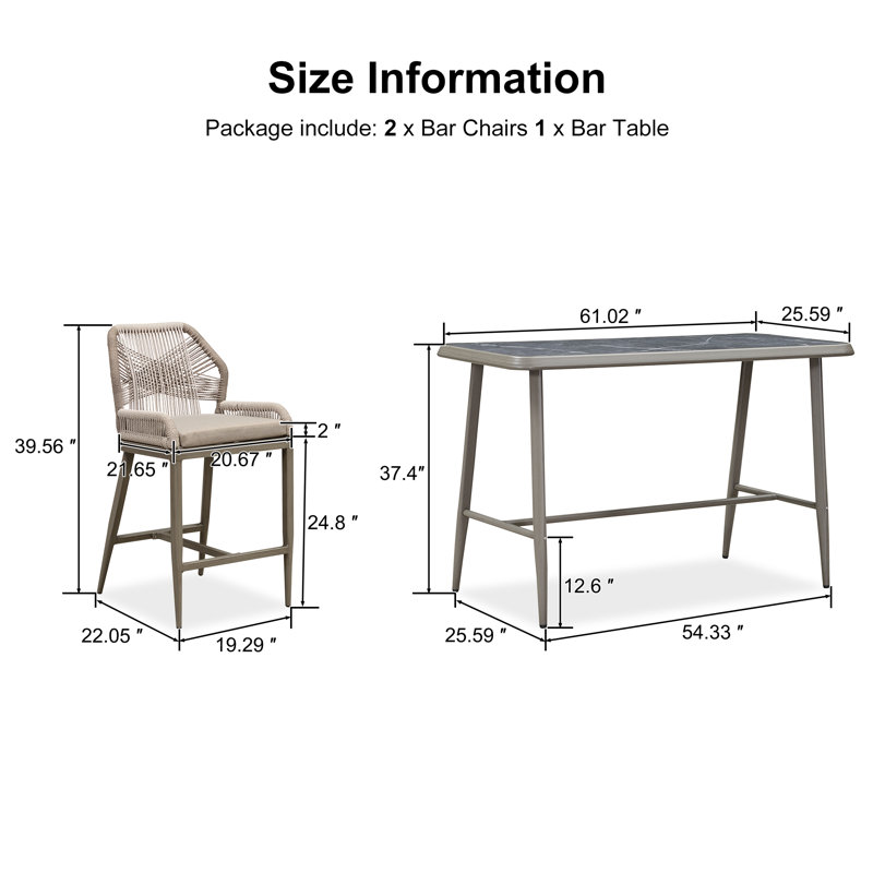 Mahi 2 - Person Metal Patio Dining Set With Rectangular Table , Cushions Included, Brown