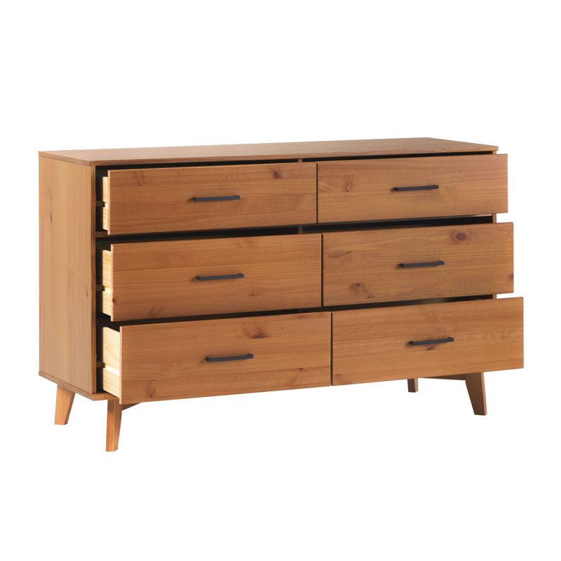 Caramel Solid Pine Wood 6-Drawer Dresser with Metal Handles