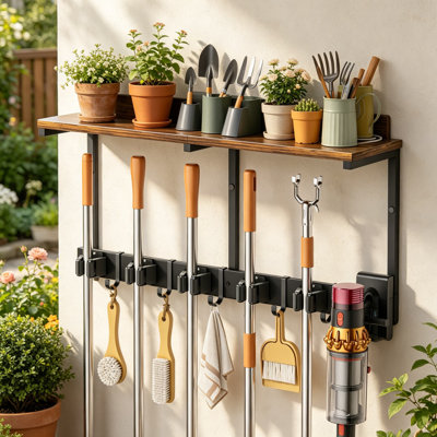 Wall Mount Broom Holder With Utility Shelf - All-In-One Cleaning Supplies Organizer For Laundry Room, Garage, Kitchen And Closet Storage