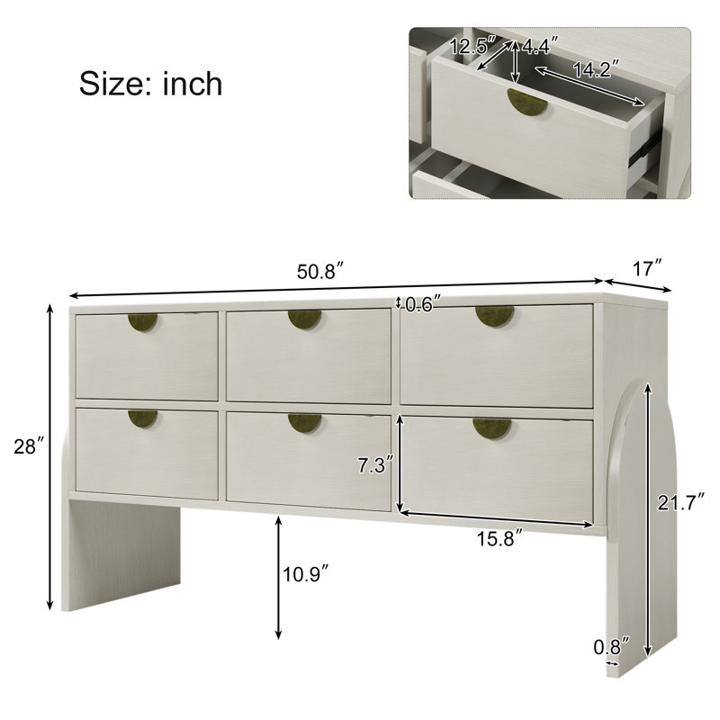 Retro Style Rubber Wood Veneer Six-Drawer Dresser Sideboard Cabinet Console Table Sofa Table Ample Storage Spaces For Living Room