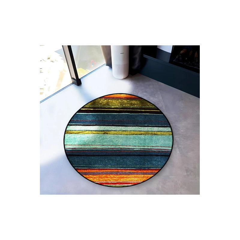 Tapis décoratif moderne à base tissée avec détails de lignes colorées, Rond 4 pi
