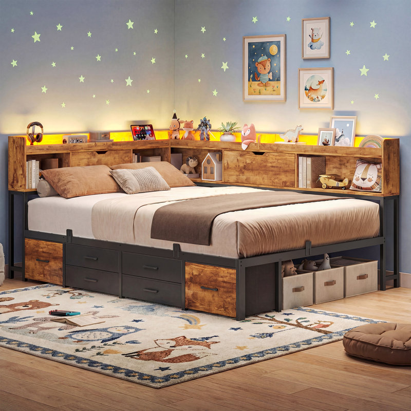 Full Corner Daybed Frame with 6 Drawers and Storage Bookcase Daybed with Charging Station and LED Lights, Brown, Full/Double