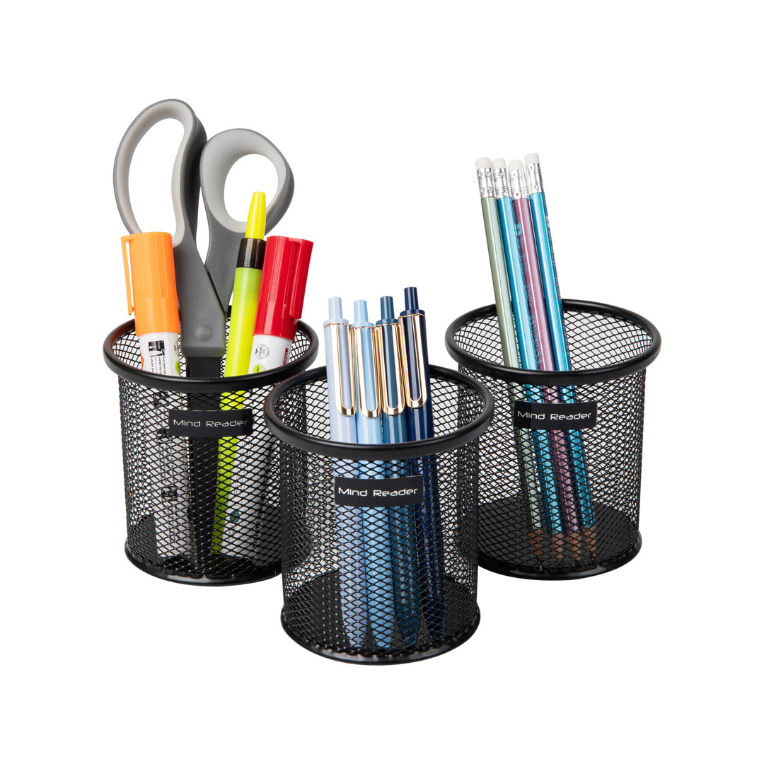 Mind Reader Pen and Accessories Holder, Desktop Organizer, Office, Metal Mesh, 3.5"L x 3.5"W x 3.75"H, 3 Pack (Set of 3) Mind Reader