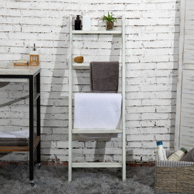 Large Whitewashed Wood Blanket Ladder – 5-Rung Farmhouse Wall-Leaning Towel Rack in Vintage White Finish