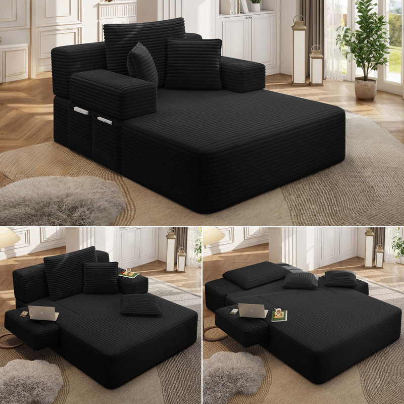 Luxueuse chaise longue convertible avec fonction canapé-lit 2-en-1, coussin en mousse à ressort, pochette de rangement et conception sans assemblage pour les petits espaces