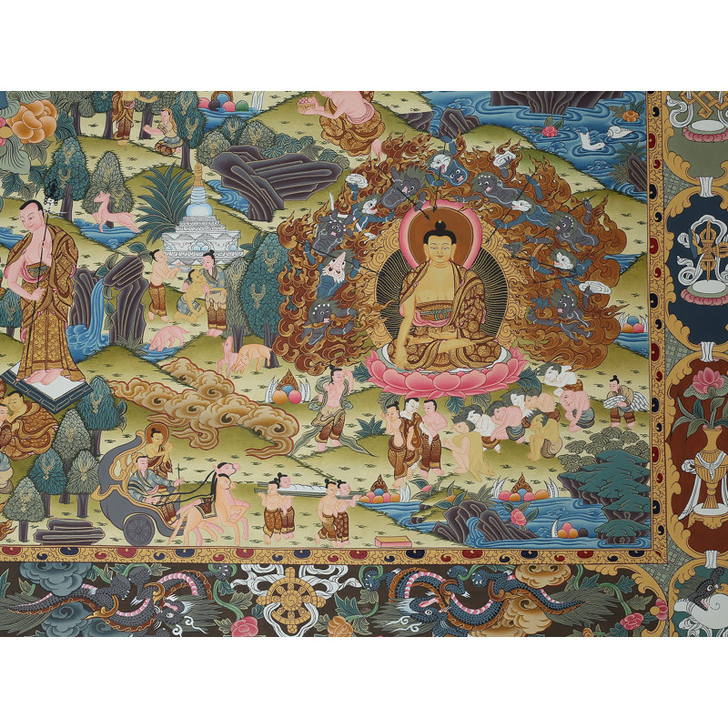 Histoire de vie du Bouddha (Thangka sans brocart) | Or pur 24 carats avec peinture acrylique