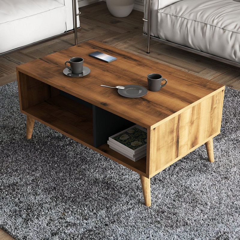 Table basse moderne à 2 niveaux avec pieds en bois, noyer et anthracite, 35,4 x 21,3 x 21,3 pouces | 100% panneau de particules enduit de mélamine, épaisseur de 0,7 pouce | Solution de rangement murale polyvalente de style scandinave
