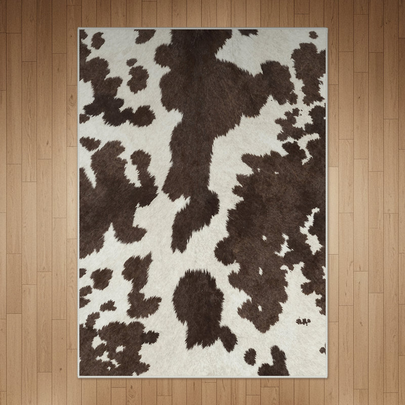 Aura Faux Cowhide Print Machine Washable Beige / Brown Non-Slip Area Rug, Rectangle 9' x 12'