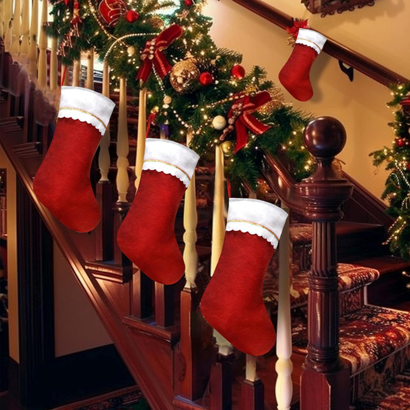 12 pièces de bas de Noël, bas de Noël rouges et blancs de 19 po, bas de Noël traditionnels en vrac avec garniture dorée pour décoration d'escalier de cheminée de Noël