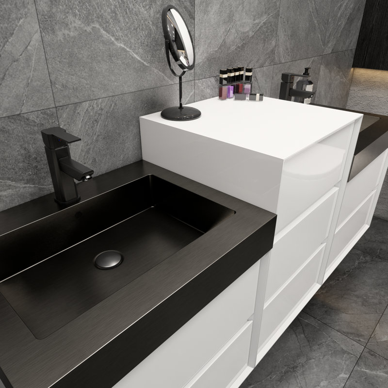 Ensemble de meuble-lavabo mural double avec plateau en métal 66,5 po Ayami, Blanc lustré