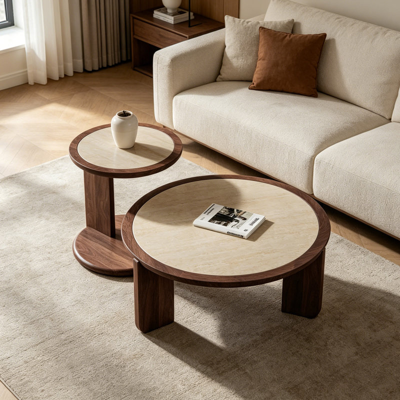 Ensemble de tables basses rondes en noyer, Beige / brun noisette