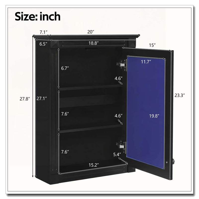 Armoire de toilette murale à miroir avec tablette réglable, Noir