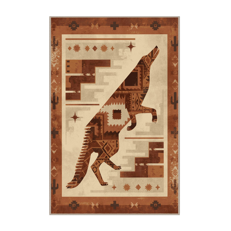 Tapis bohémien de style rétro Ulster Coyote Trickster lavable à la machine en brun - reliure beige, 2 x 5