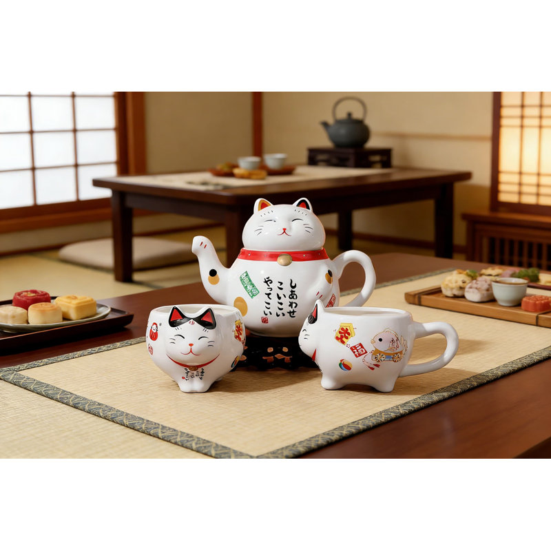 Service à thé japonais en céramique Maneki Neko Lucky Cat avec théière, 2 tasses et infuseur en acier inoxydable dans une boîte cadeau