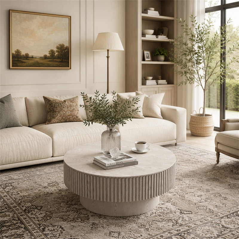 Table basse 31,5 "ronde avec rangement Table d'appoint moderne en placage de bois massif, Blanc rétro