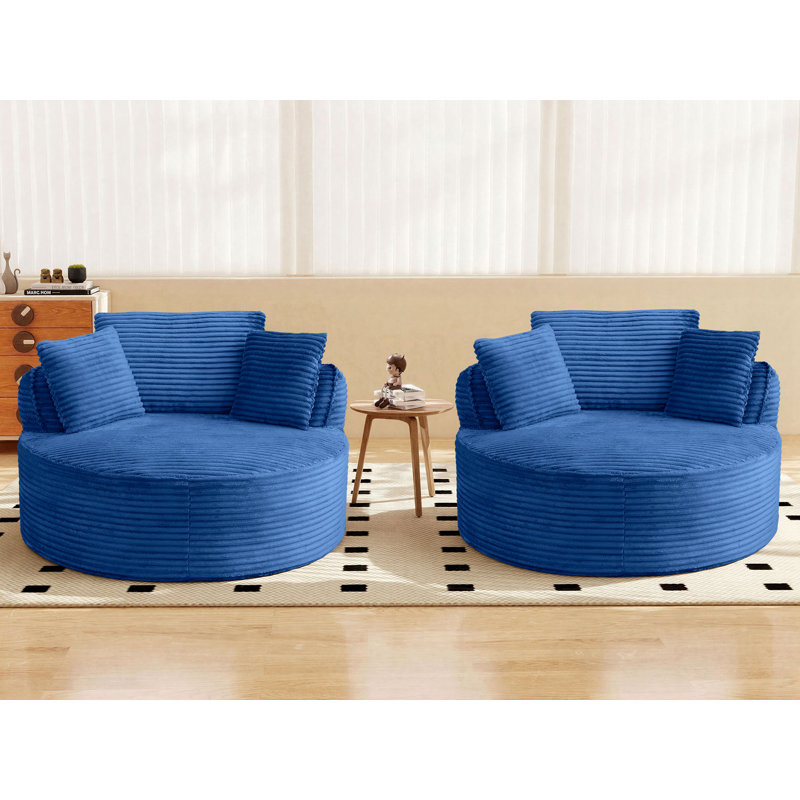 2 Pieces - 53" Oversized Round Accent Chair – Plush Corduroy Upholstery Compression Chaise Longue Chair Indoor, Blue