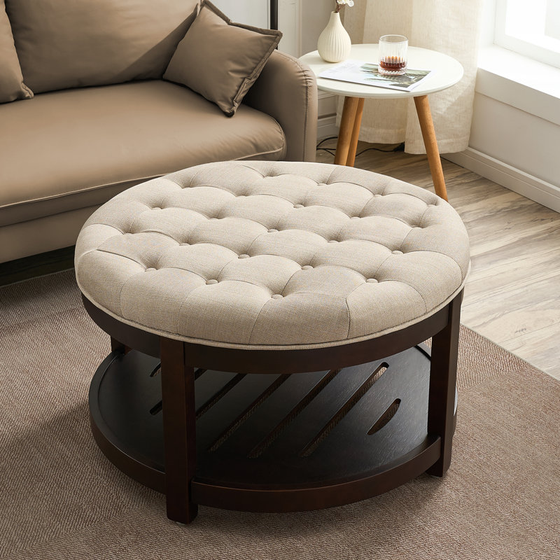 Farmhouse Upholstered Storage Tufted Ottoman with Free Tray, Brown Linen 