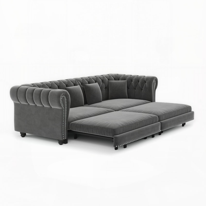 Canapé Chesterfield, canapé-lit 3 en 1, canapé-lit convertible, canapé-lit king size, méridienne, canapé 3 places en velours avec pouf amovible