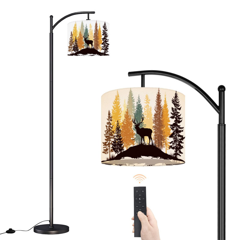 Lampe sur pied à arc avec abat-jour réglable, bois de cerf, forêt de conifères, coucher de soleil orange, posant la lampe sur pied, 3 ampoules à intensité variable, avec interrupteur au pied pour la chambre à coucher
