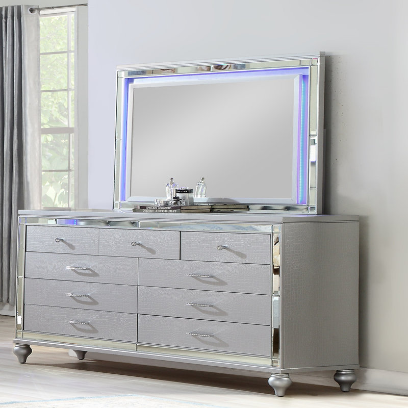 Commode 9 tiroirs avec cadre en miroir, Argent argent