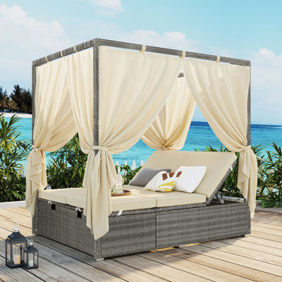 59" W Outdoor Rattan Daybed With Canopy, Adjustable Patio Chaise Lounge With Cushion