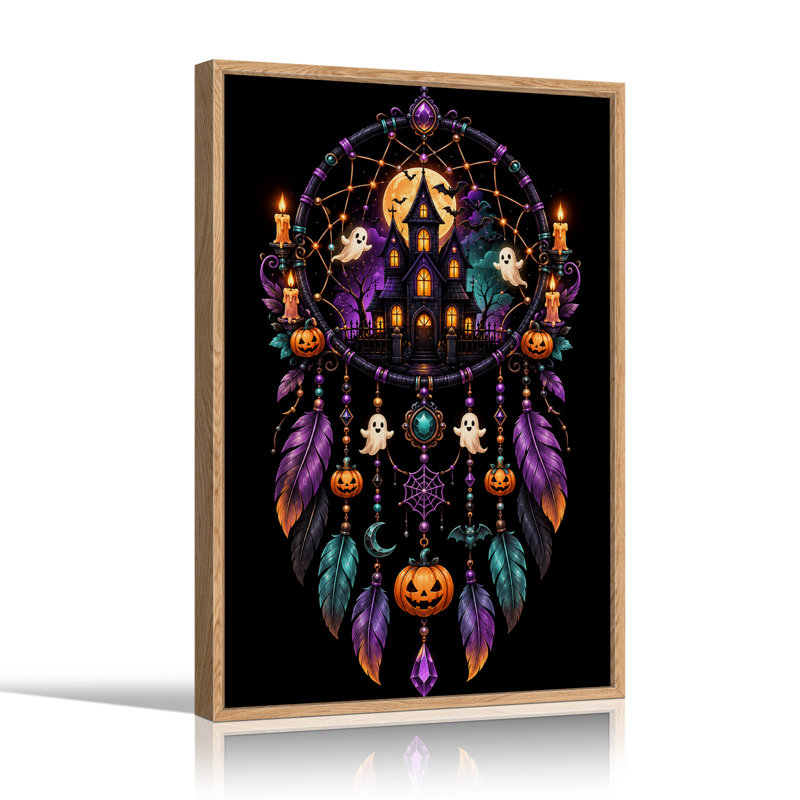 Attrape-rêves Maison hantée violette avec citrouilles - Toile murale d'Halloween, H 48 po x l 32 po