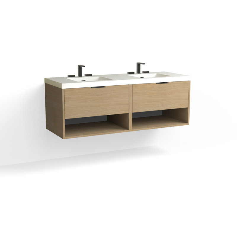 Modo 60" W Wall Mounted Double Bathroom Vanity, White Acrylic, Satin Nickel, Glossy White/Single
