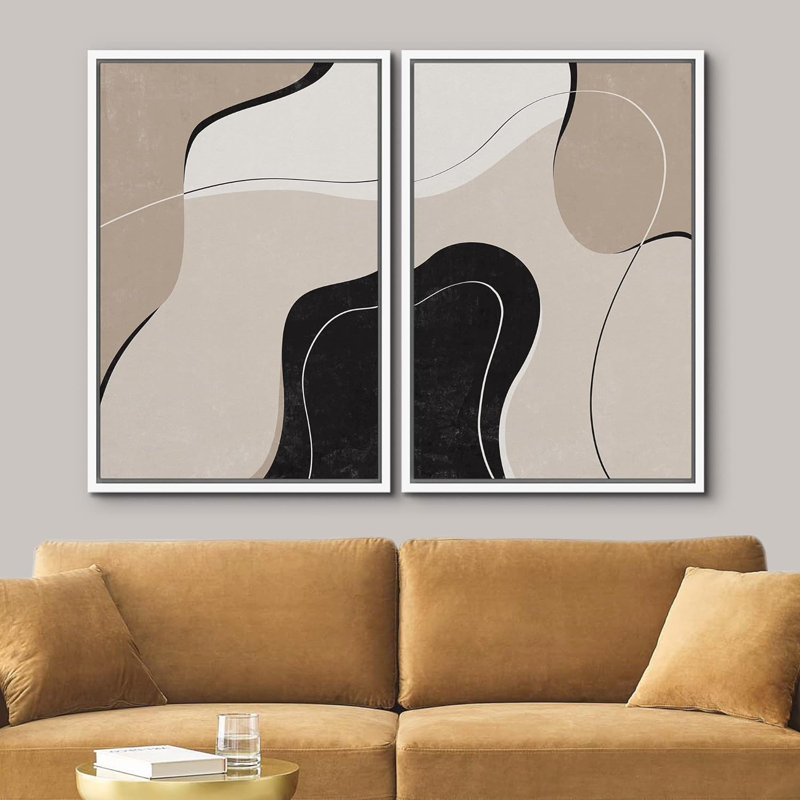 Mid Mid Century Black Tan & Brown Swirling Wave Collage Abstract Shapes Modern Rustic Relax / Calm On Canvas, reproduction de 2 pièces