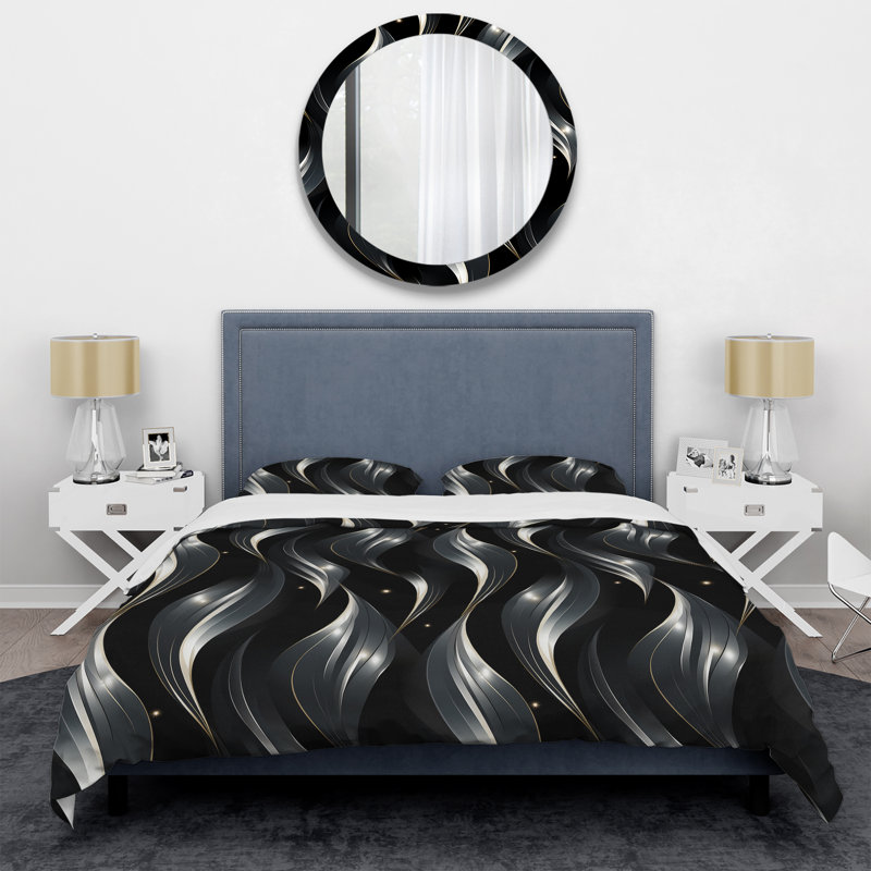 Ensemble de housse de couette abstrait - noir profond argenté Elegance IV, Housse de couette pour grand lit et 2 taies décor