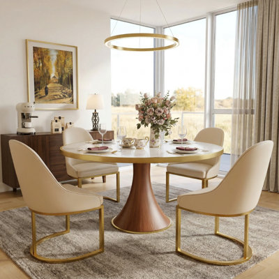Ensemble de table de salle à manger de luxe Mid-Century 4-8 Seats avec chaises rembourrées en cuir et acier inoxydable