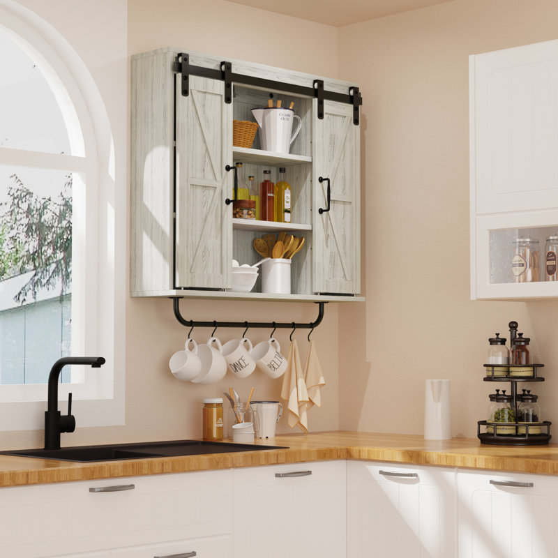 Deux armoires rustiques à deux portes de grange coulissantes, 3 gris rétro pour la cuisine, la salle à manger, la salle de bain et le salon, une armoire à tablettes réglables avec portes,