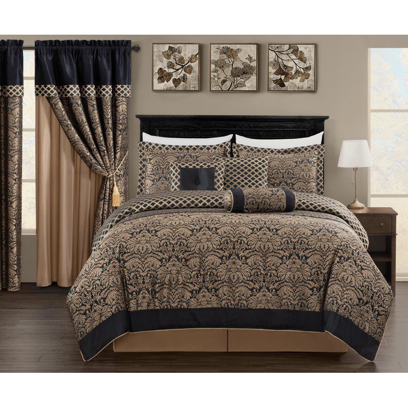 King Black and Gold Jacquard Floral Comforter Set