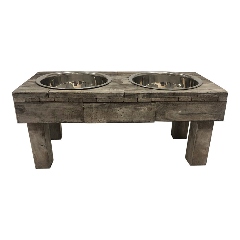 Small Brown Wash Reclaimed Wood Elevated Double Pet Feeder