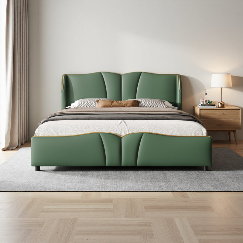 Modern Bed Frame With Wingback Head Board, Dark Green, Queen