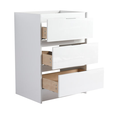 Armoire de salle de bain autoportante blanc brillant, 24 pouces, 3 tiroirs à fermeture en douceur, fabrication en contreplaqué, rangement spacieux pour les cosmétiques