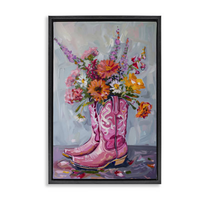 Floral Cowboy Boots Framed Floater Canvas by Petal Prints Design
