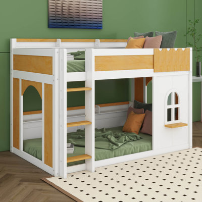 Lit superposé simple au-dessus de simple avec tablettes de rangement, fenêtre et deux portes, pour enfants, adolescents, adultes