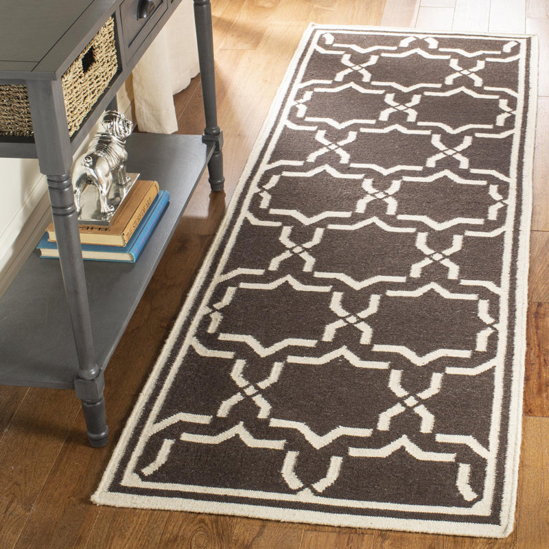Rodgers Hand Woven Flat Weave Wool/Cotton Geometric Rug in Chocolate, Runner 2'6" x 12'