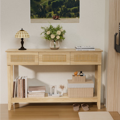Bohemian Style 51in Natural Wood Color 2-Layer 3-Drawer MDF Wicker Surface Entry Table by Ophelia & Co.