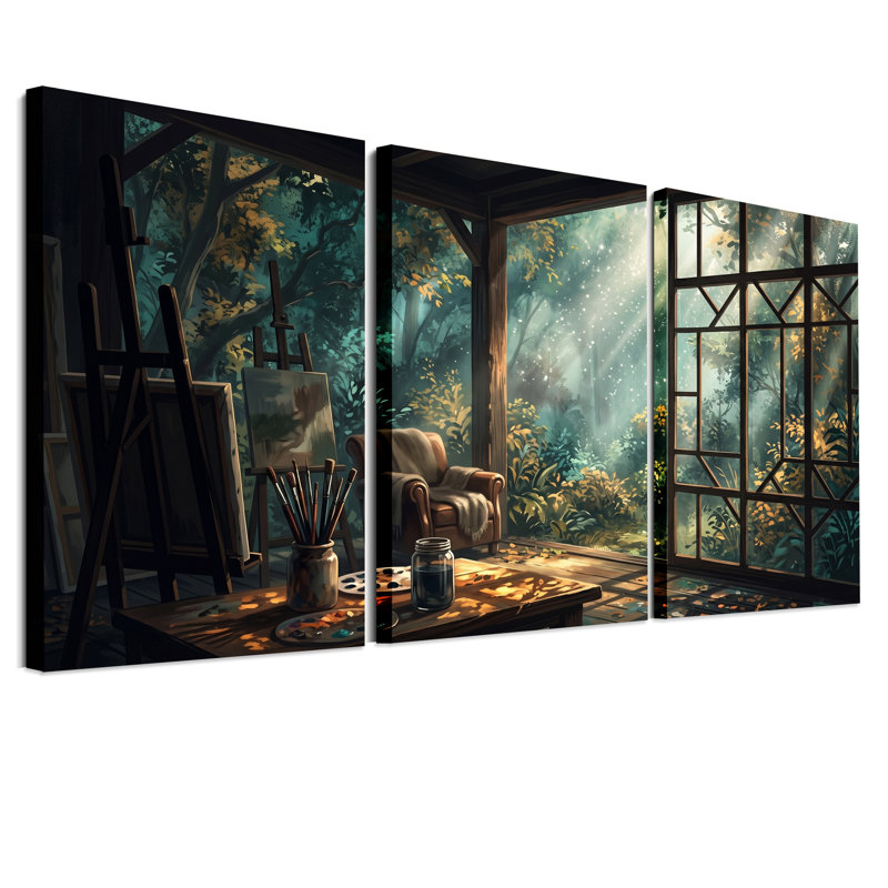Toile d'artiste d'artiste avec chevalets et fenêtre ensoleillée, 18"H x 12"W x 3pcs