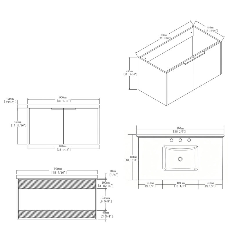 Meuble-lavabo flottant avec lavabo, Oak, 36" W